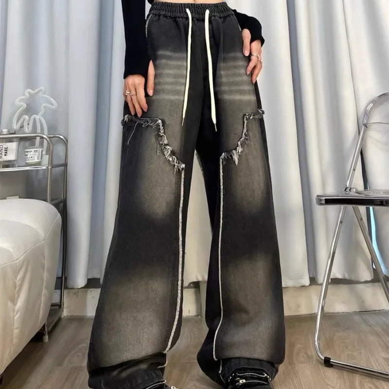 Autumn Winter New Straight Tube Women's Jeans American Retro Baggy Jeans Ladies Black Raw Edge Straight Tube Pants for Women