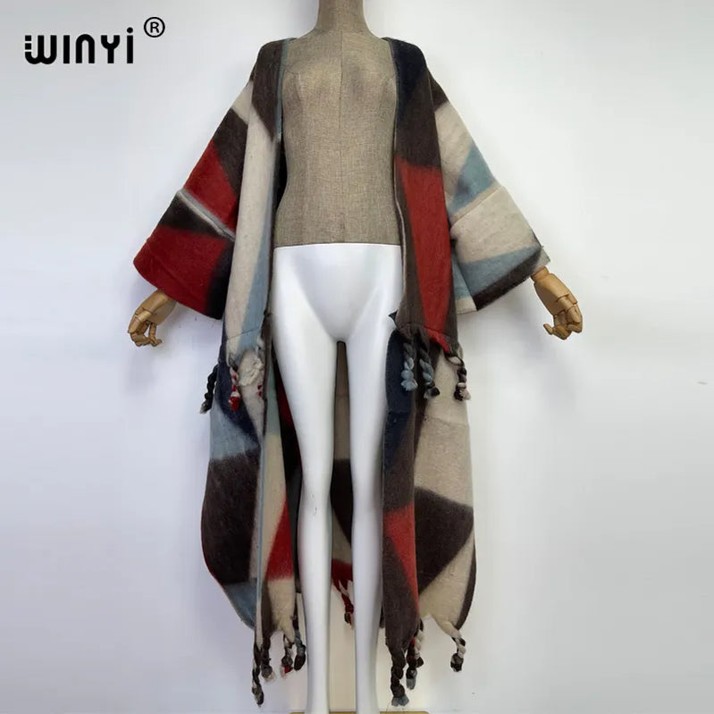 Winter Women tassel Cardigan coat Loose Christmas dress robe longue Thick Warm free size Middle East Female Kaftan