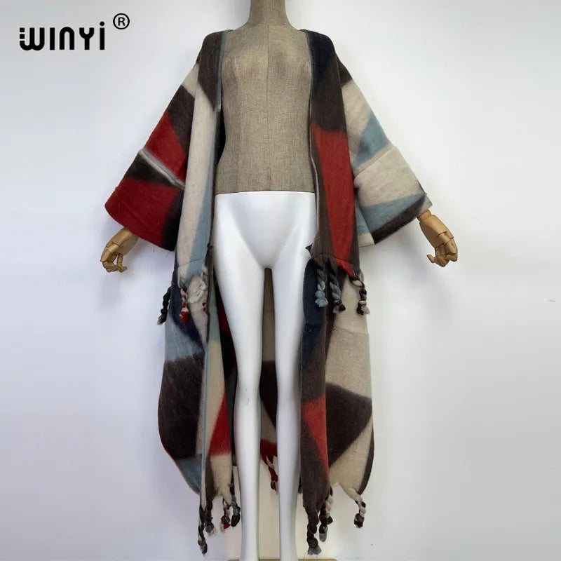 Winter Women tassel Cardigan coat Loose Christmas dress robe longue Thick Warm free size Middle East Female Kaftan