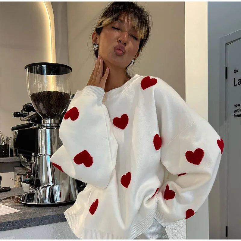 Chic Sweet Love Embroidery Knitting Sweaters Women Long Sleeved O-neck Pullovers Winter New Female Casual Fashion Sweaters White