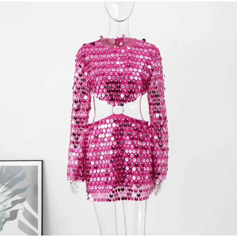 Sexy Sequined Evening Dress Women Long Sleeve O Neck Slim Backless Fashion Mini Dresses Party Hallow Out Ferrule Robe AS PIECTURES 2