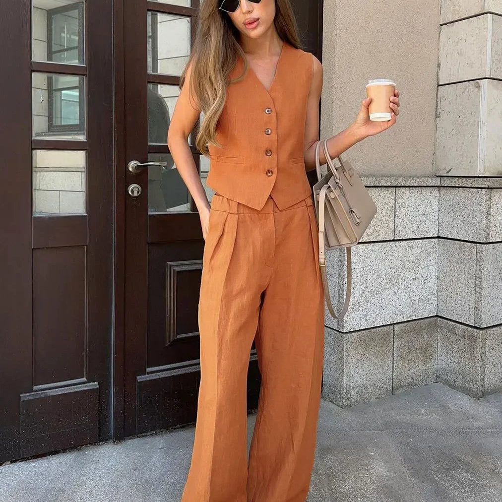 Wolfeel Womem Linen Cotton Chic Vest & Pants Suit Two-Piece Set Office Ladies Summer Chic 2 Piece Sets Womens Outfits Orange