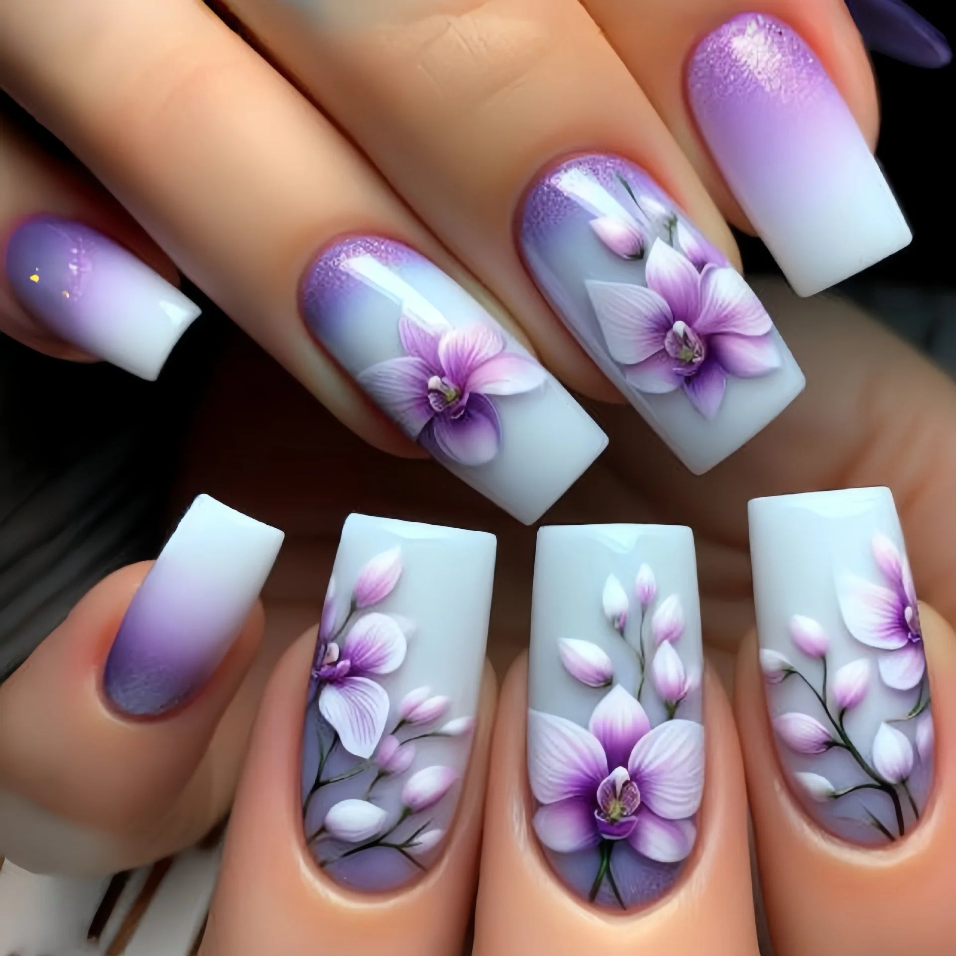 24pcs Short Square Fake Nails Acrylic Vivid False Nails Ladybug Butterfly Flower Press on Nails Garden Plants Nail Art Ballet
