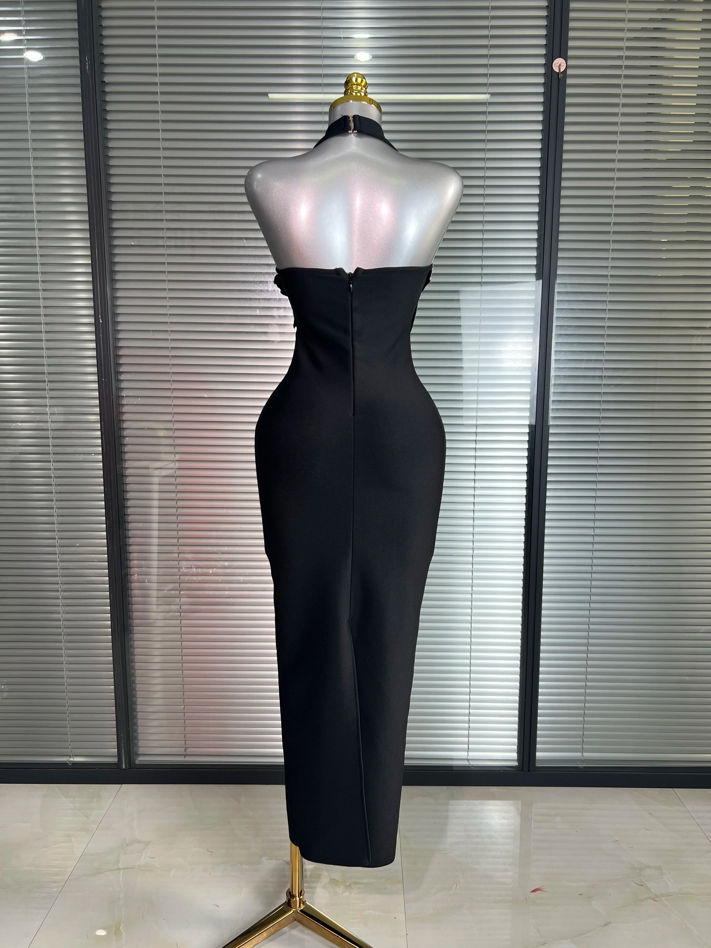 Brand New Summer 2025 Women Black Halter Bodycon Bandage Bodycon Dress Crystal Evening Party Dress Vestido