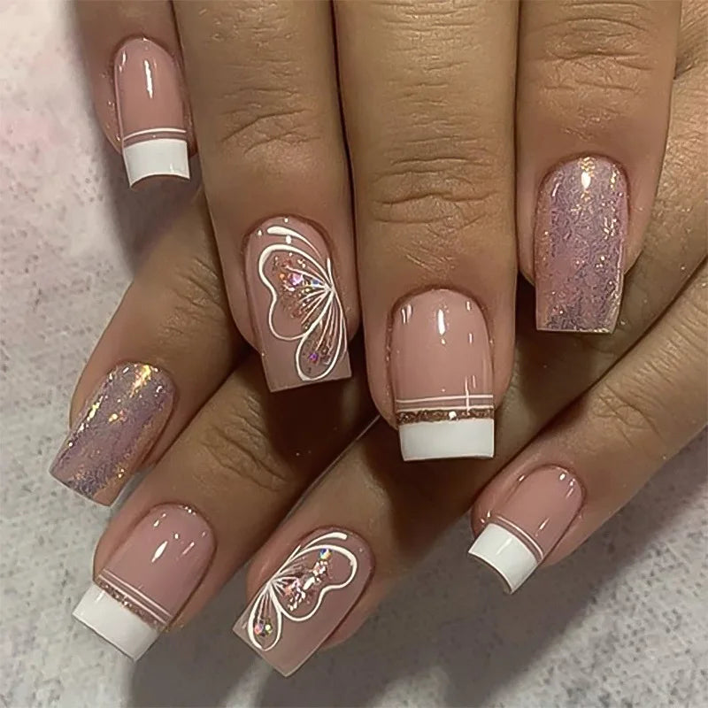 24Pcs Short False Nails with Shimmery Powder Ballet Nail Art Full Cover French Sheer Wearable Nail Manicure Tips for Girls Daily