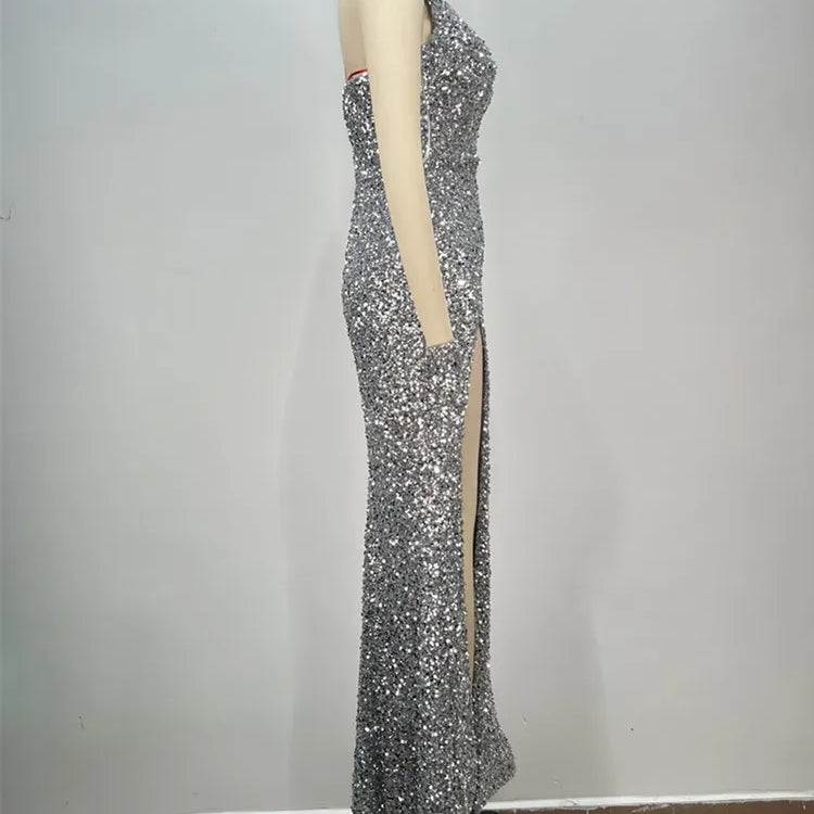 Women Sexy Strapless Backless Mesh Sequins Maxi Long Silver Bodycon Dress 2024 Elegant Party Evening Stage Performance Vestido