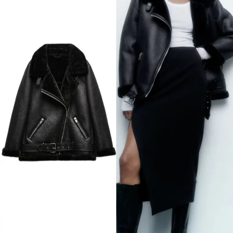 Women Fall Winter New Fur Integrated Thermal Jacket Coat Faux Leather Long-sleeved Lapel Padded Warm Chic Female Outerwear