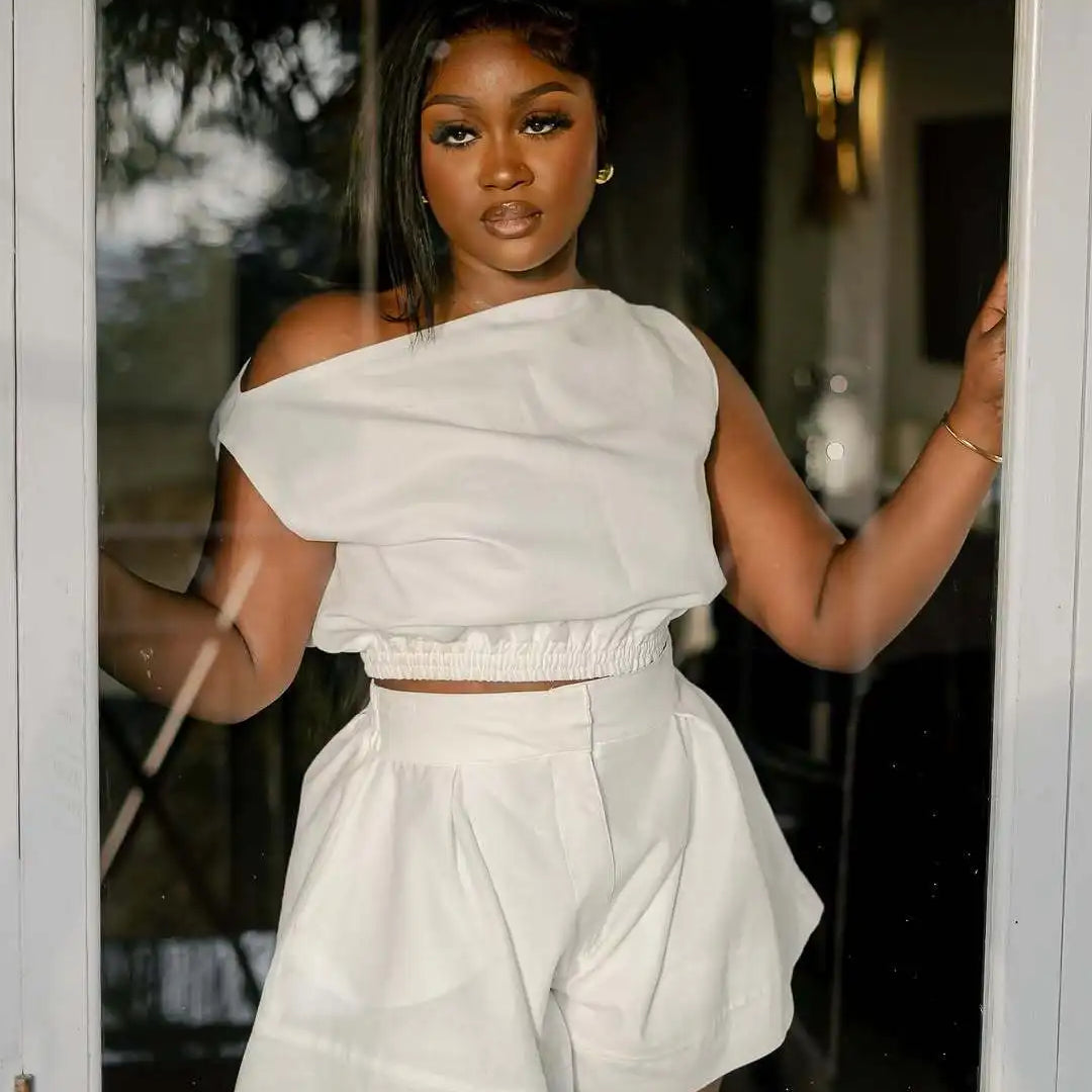 CM.YAYA Fashion Women's Set Off Shoulder Sleeveless Blouse Shirt Top and Flare Shorts Suit 2025 Street Two 2 Piece Sets Outfits