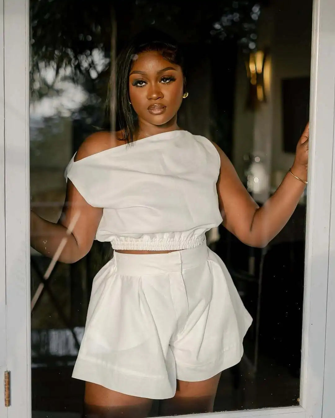 CM.YAYA Fashion Women's Set Off Shoulder Sleeveless Blouse Shirt Top and Flare Shorts Suit 2025 Street Two 2 Piece Sets Outfits