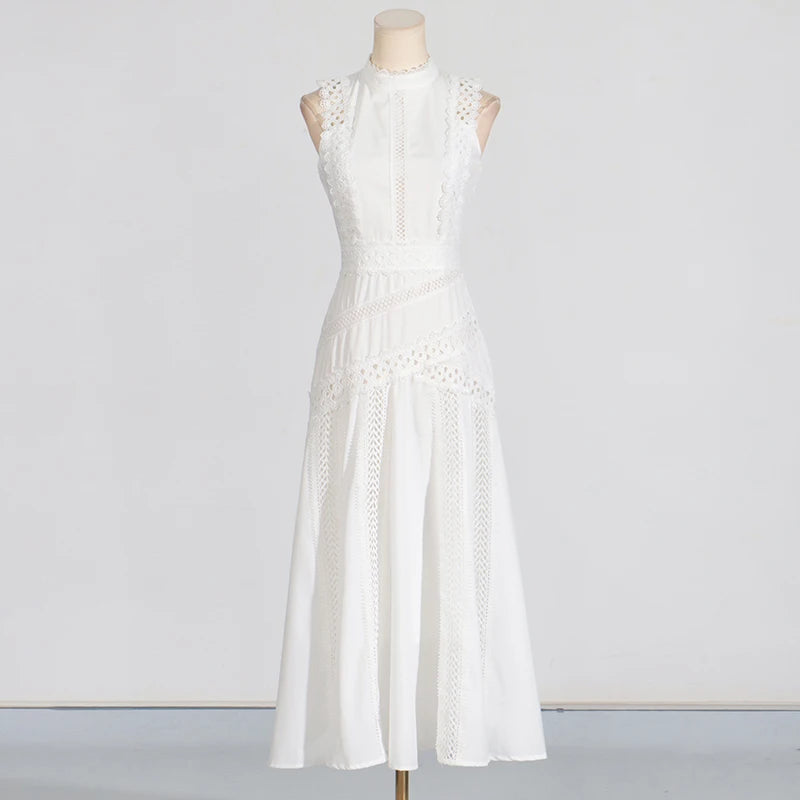 TWOTWINSTYLE Solid Slimming Spliced Hollow Out Dresses for Women Round Neck Sleeveless Patchwork Lace Dress Female Clothing New