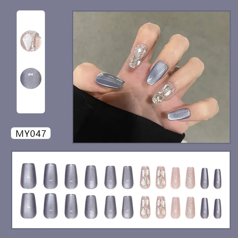 24Pcs Press-On Nails Blue Cat Eye Diamond Medium T-Bar Ballet Nails Fake Nails Perfect for Gifting To Girls and Friends