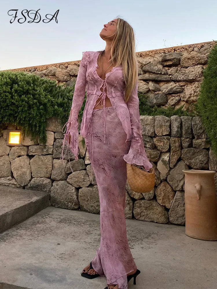 FSDA Print Y2K Mesh Long Sleeve Top Shirts Green And Maxi Skirt Bodycon Sexy Two Piece Sets Beach Outfits Women Club Pink