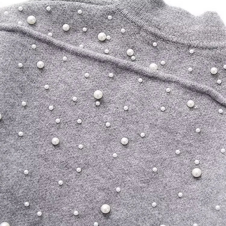 Fashion Knitted Pearl Bomber Jackets Women Vintage O-Neck Front Zipper Long Sleeved Female Coat Top Lady Grey Cropped Cardigan