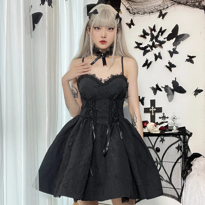 Goth Dark Tie Up Mall Gothic Elegant Women Dresses Grunge Aesthetic Jacquard A-Line Dress Emo Lace Trim Black Party Alt Clothes