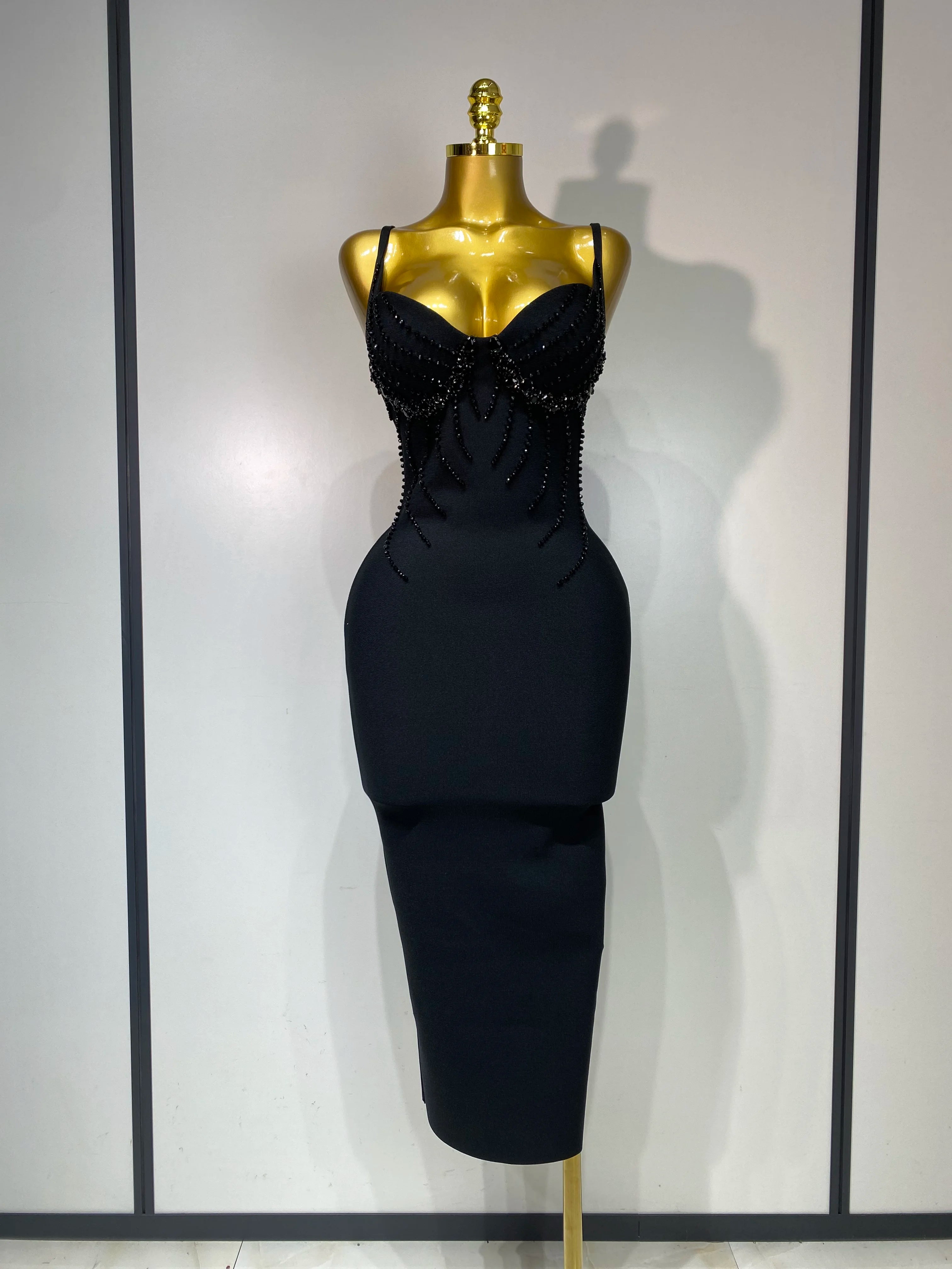 Women Sexy Backless Beading V Neck Bodycon Bandage Dress Club Party Celebrity Elegant Luxury Birthday Dresses Wedding Guest Gown