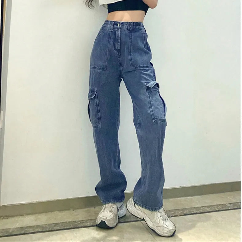 High Waisted Jeans Fashionable Loose Fit High Waist Straight Leg Jeans with Multiple Pockets for Women Baggy Jeans Blue