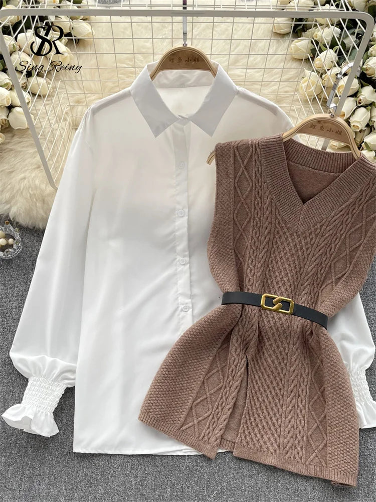 Office Lady Knitted Sweater Warm Thick Knit Vest+Single Breasted Lantern Sleeve Blouse Women Pullover Shirt Suits