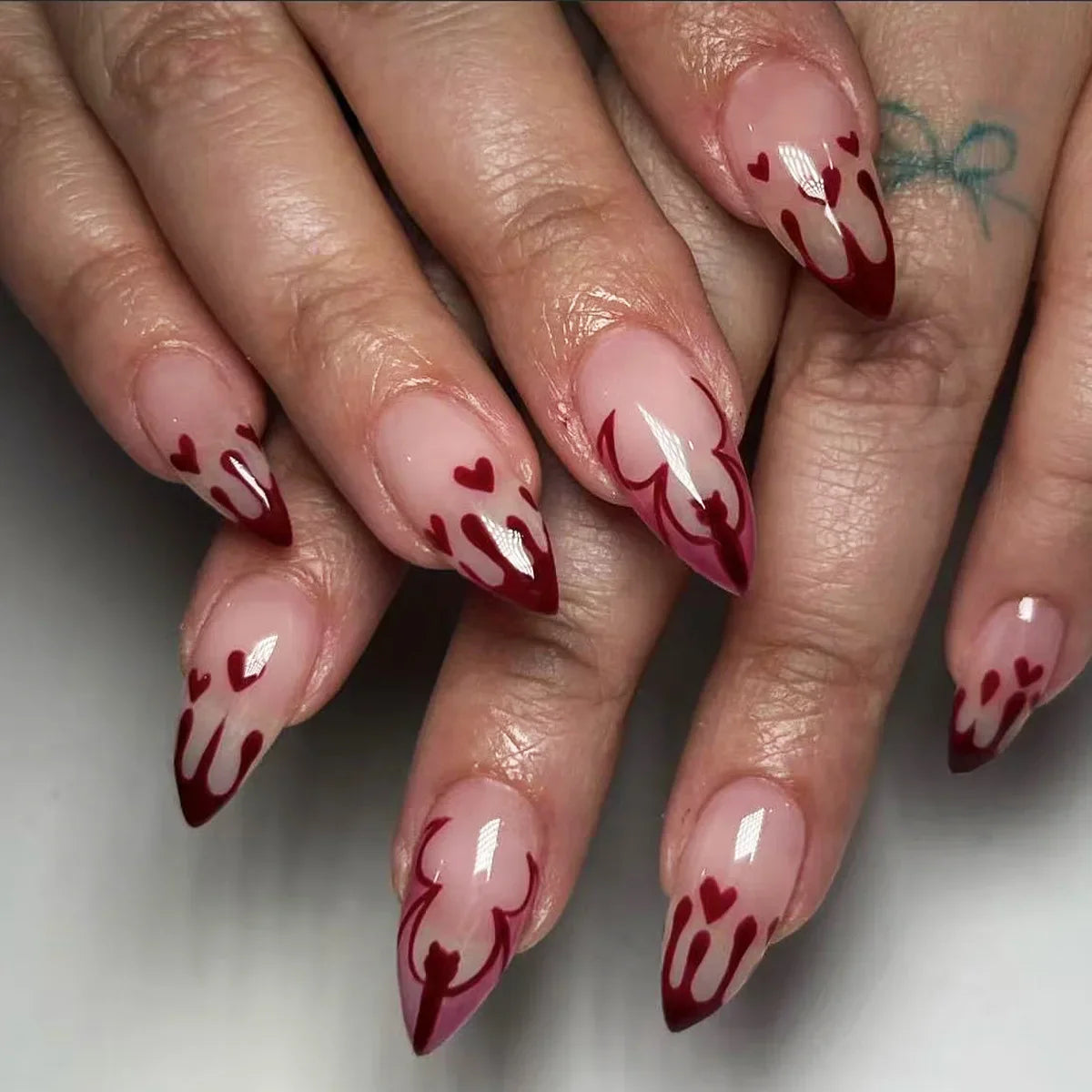 24Pcs Mid-length Almond Press on Nails Tips with Bat Love Heart Bow Fake Nails Rhinestone Pearl Reusable Full Cover False Nails