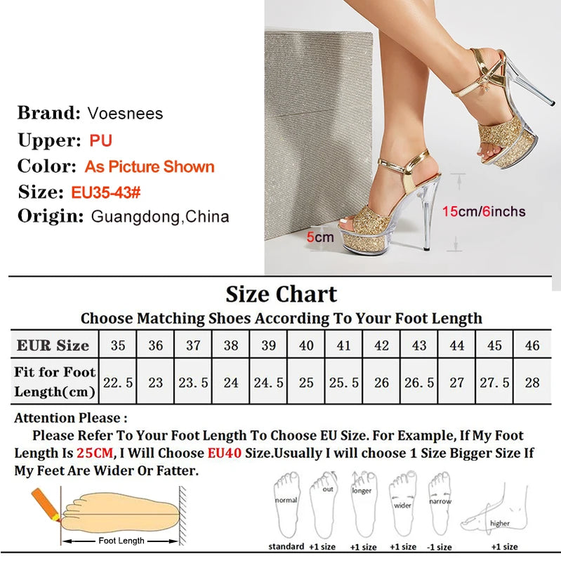 Summer 15cm High Sequined Cloth Crystal Transparent Platform High Heels Women's Sandals Wedding Party Pole Dance Shoes Black
