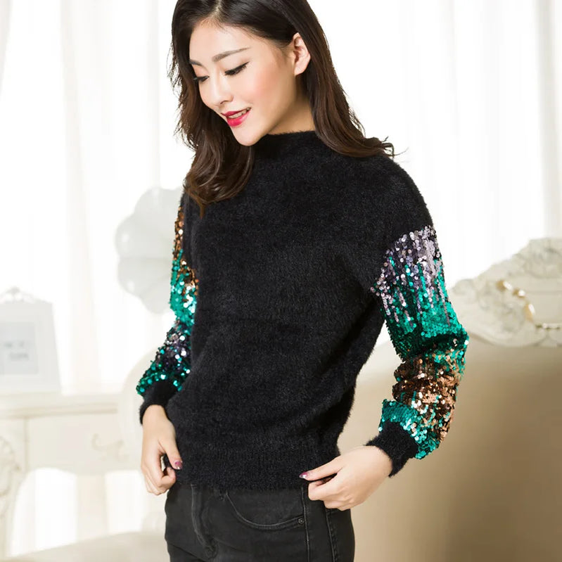 Womens Long Sleeve Mohair Sweater Rabbit Hair Glitter Patchwork Thick Knitting Sweater Autumn Winter Warm Pullover Black