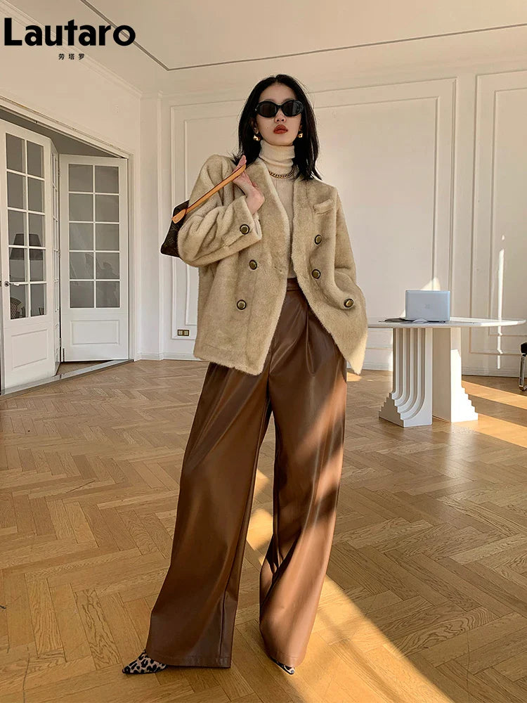 Spring Autumn Loose Casual Soft Black Burgundy Pu Leather Wide Leg Pants for Women High Waist Korean Style Fashion 2023