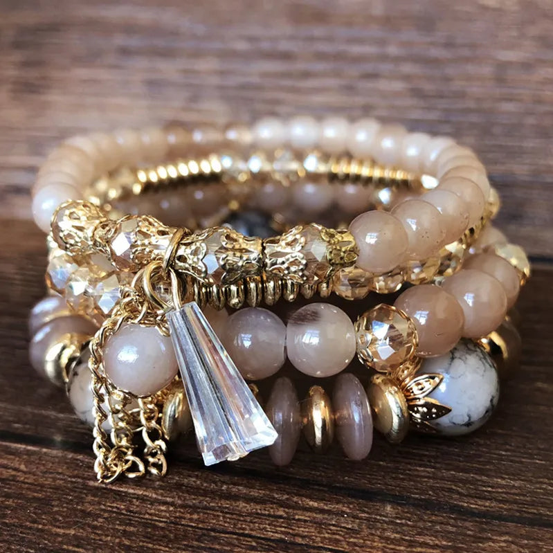 Bohemian Multicolor Crystal Beads Bracelets for Women Girls Boho Ethnic Tassel Elastic Rope Handmde Wrap Bracelet Pulseira Femi BR18Y0489-5