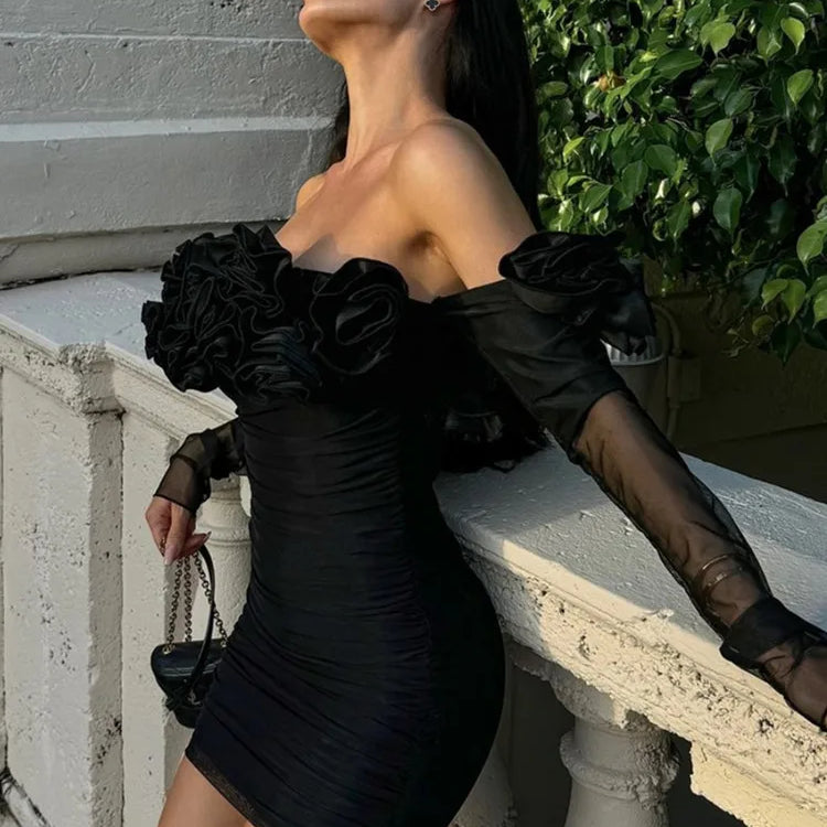 Fall Fashion Women Sexy Off Shoulder Mesh Ruched Black Flower Mini Bodycon Dress 2024 Elegant Evening Club Party Dress