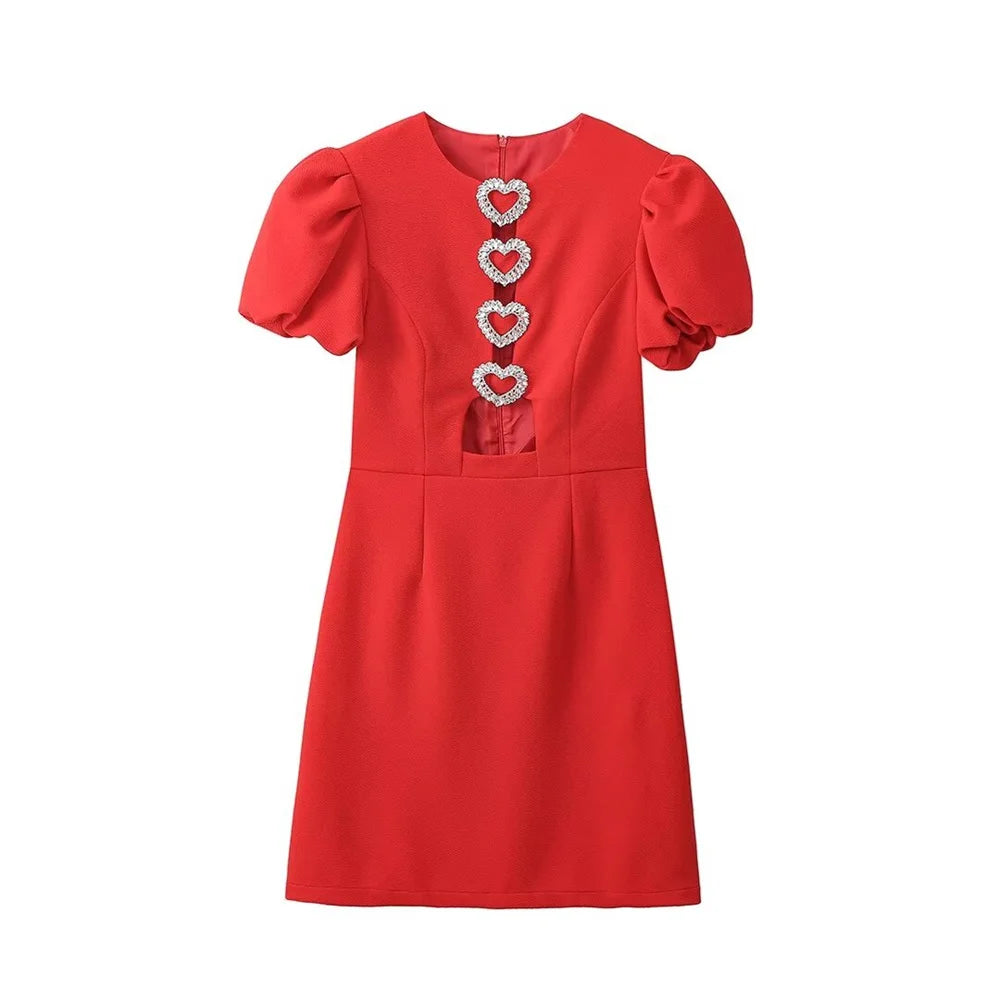 Zach Ailsa 2024 Spring Women's Fashion and Elegant Love Metal Decoration Bubble Sleeves Mini Dress