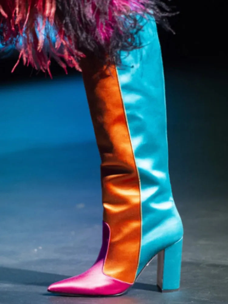 Premium Ladies Chelsea Boots Luxury Designer Shoes Mixed Colors Chunky Heel Tall Boots Side Zip Fashion Boots Zapatos Mujer