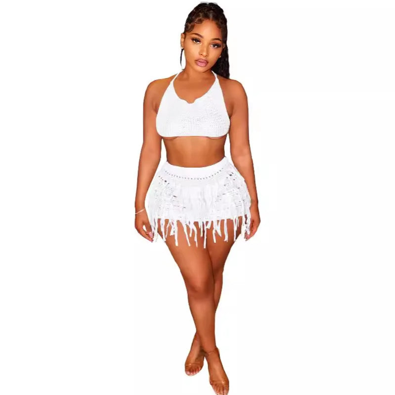 CM.YAYA Beach Holiday Knit Crochet Tassel Women Two 2 Piece Set Outfits Bra Top and Mini Skirt Suit 2024 INS Street Dress Set
