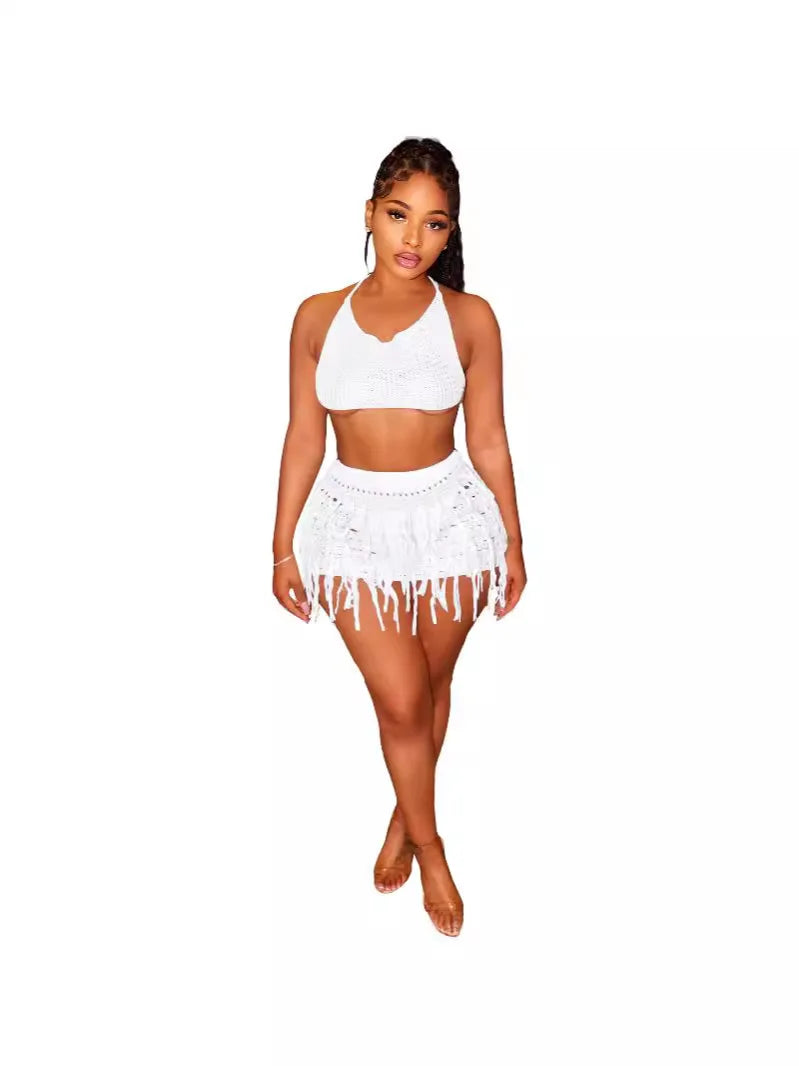 CM.YAYA Beach Holiday Knit Crochet Tassel Women Two 2 Piece Set Outfits Bra Top and Mini Skirt Suit 2024 INS Street Dress Set