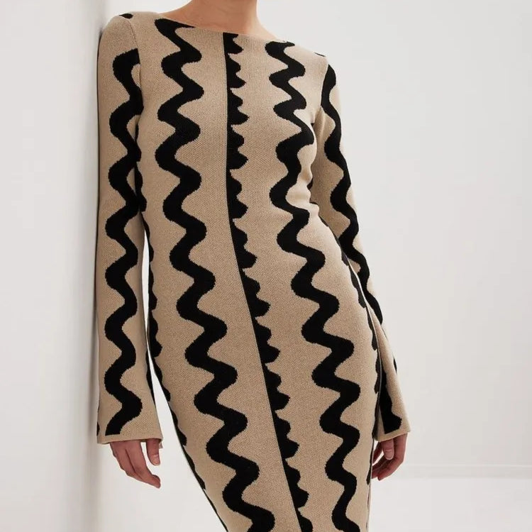 Striped Knitted O-neck Long Sleeve Midi Dresses Elegant Women Bodycon A-line Vestidos Female Fashion Casual Street Maxi Clothes