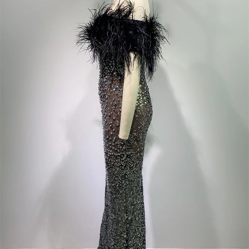 Luxury Feather Dazzling Diamonds Sexy Mesh See Through Black Floor Length Dress Goddess Evening Party Dress Red Carpet Vestido