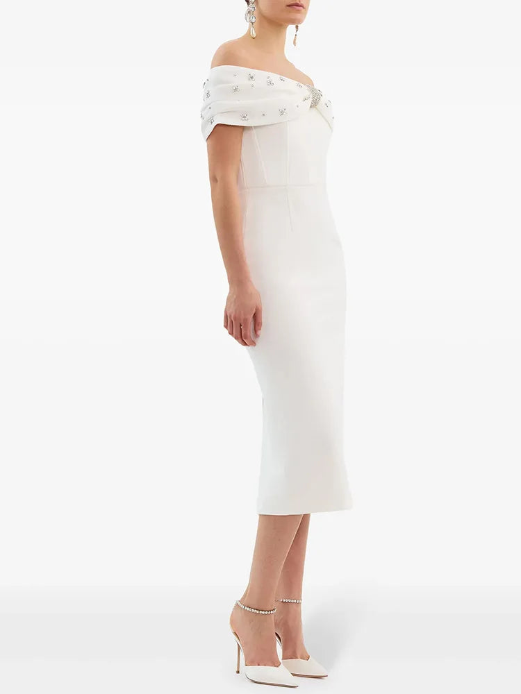 Black White Color Women Sexy Slash Neck Off the Shoulder Bodycon Mid-calf Dress Shinning Crystal Celebrate Evening Party Outfit