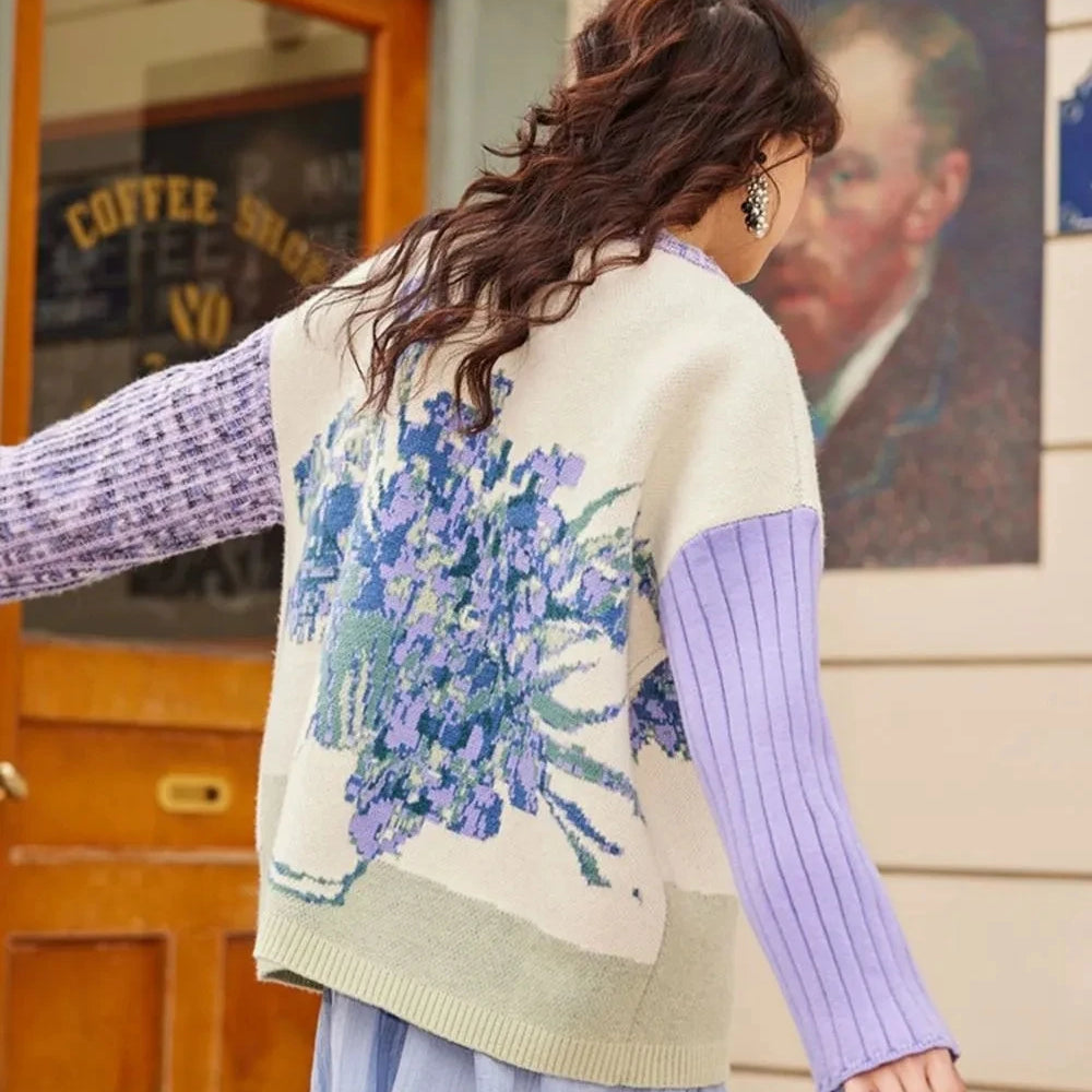 Van Gogh's collaboration "Starry Night Flower Sea" Spring and Autumn Women's New Oil Painting Diagonal Button Sweater Coat