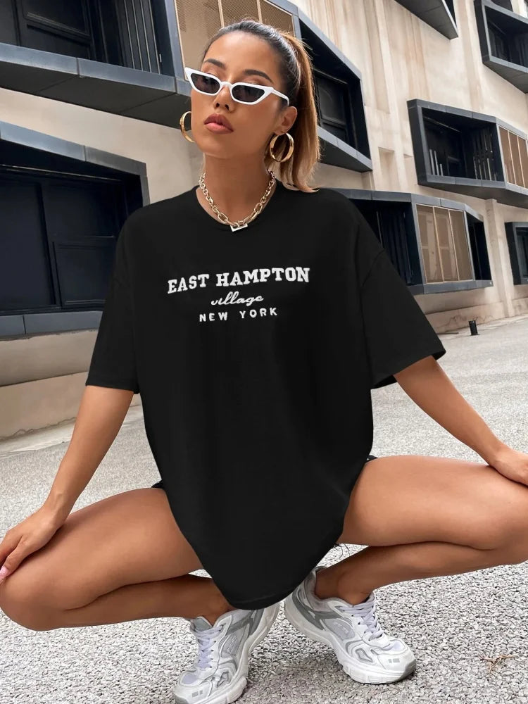 East Hampton New York Print Woman Tee Shirts Simple Vintage Trend Clothing Casual Oversize Tops Summer Breathable Female T-Shirt