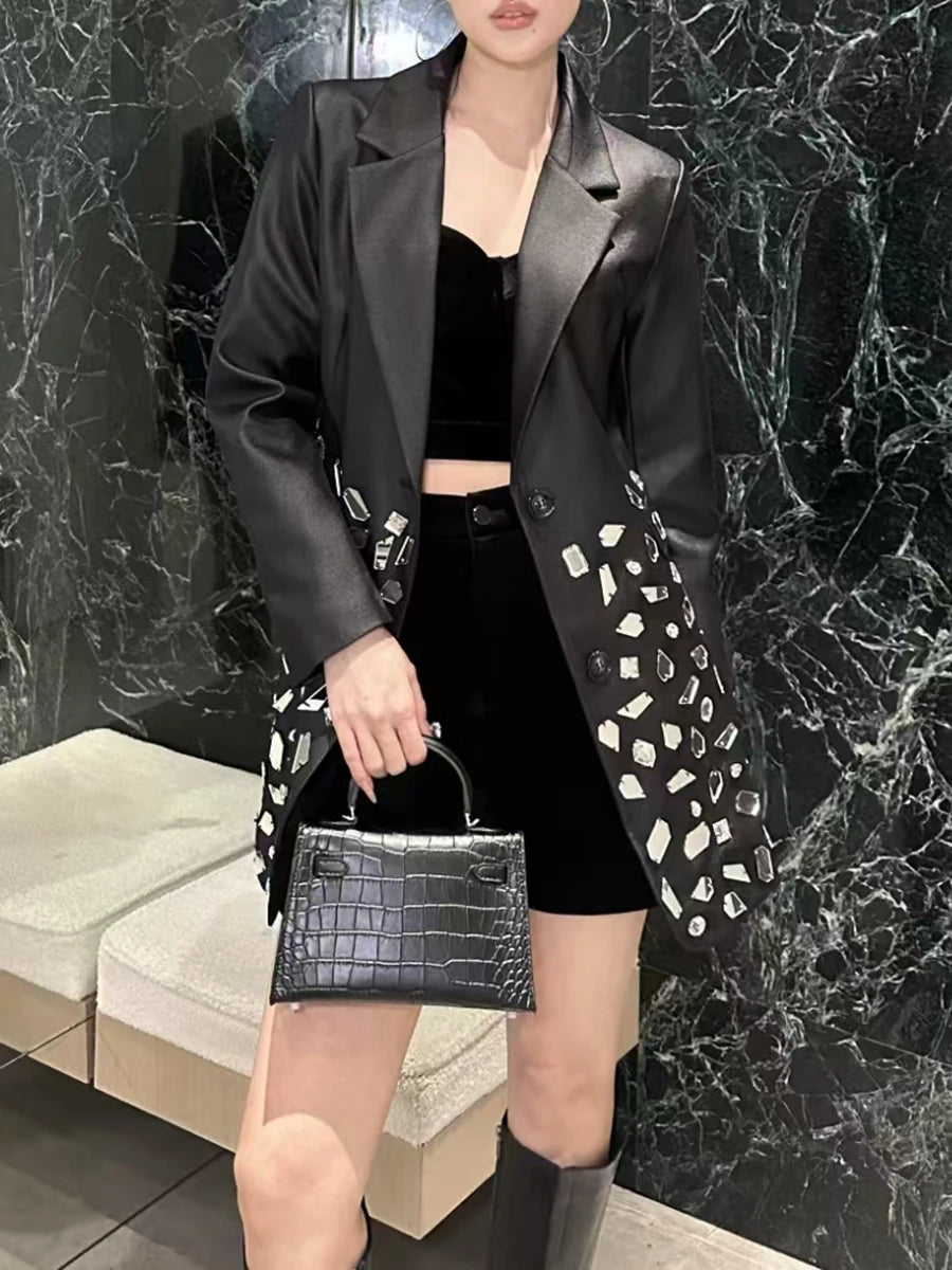 TWOTWINSTYLE Spliced Diamonds Luxurious Jackets for Women Lapel Long Sleeves Patchwork Single Breasted Fashion Jacket Female New