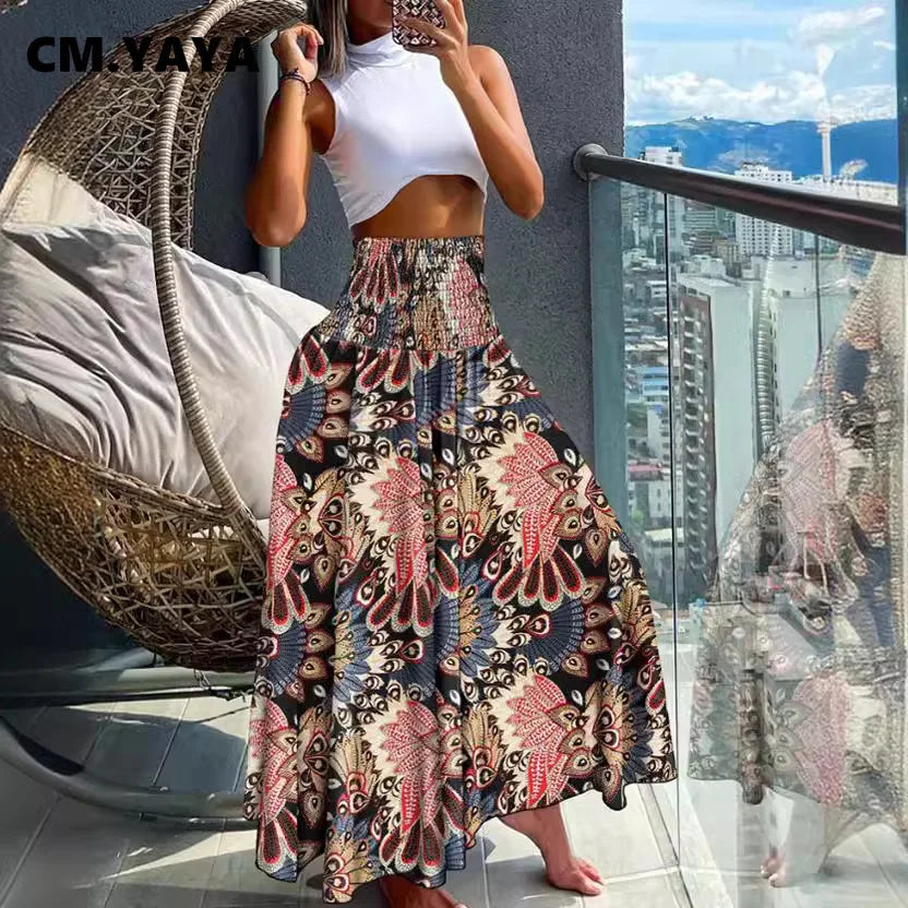 CM.YAYA Women Fashion Bandanna Paisley Big Swing High Waist Maxi Skirt Streetwear 2024 Boho Vintage Casual Long Skirts