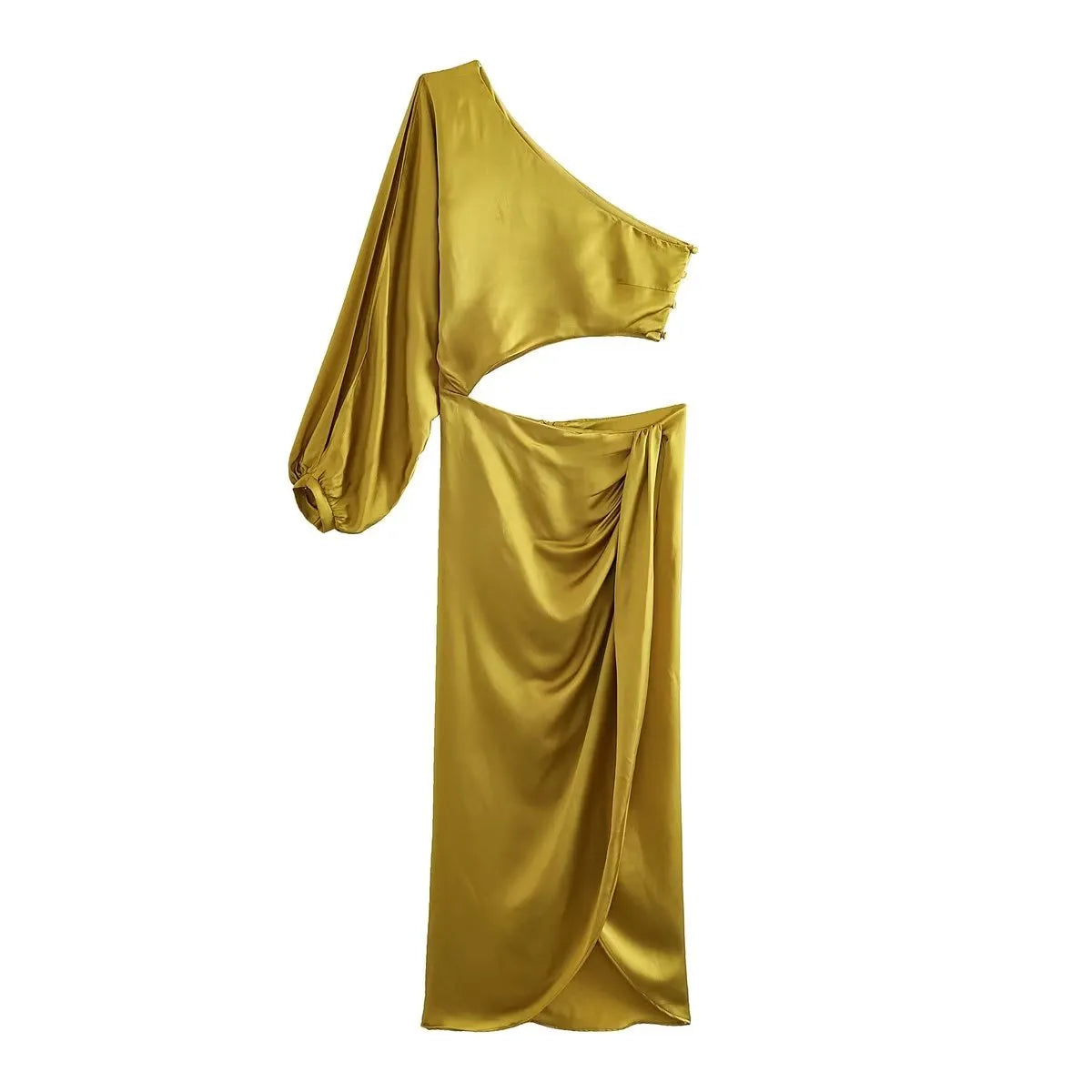 Dress For Women Yellow Asymmetric Satin Cut Out Long Dress Women Ruched Off Shoulder Elegant Dresses Evening Party Dresse yellow