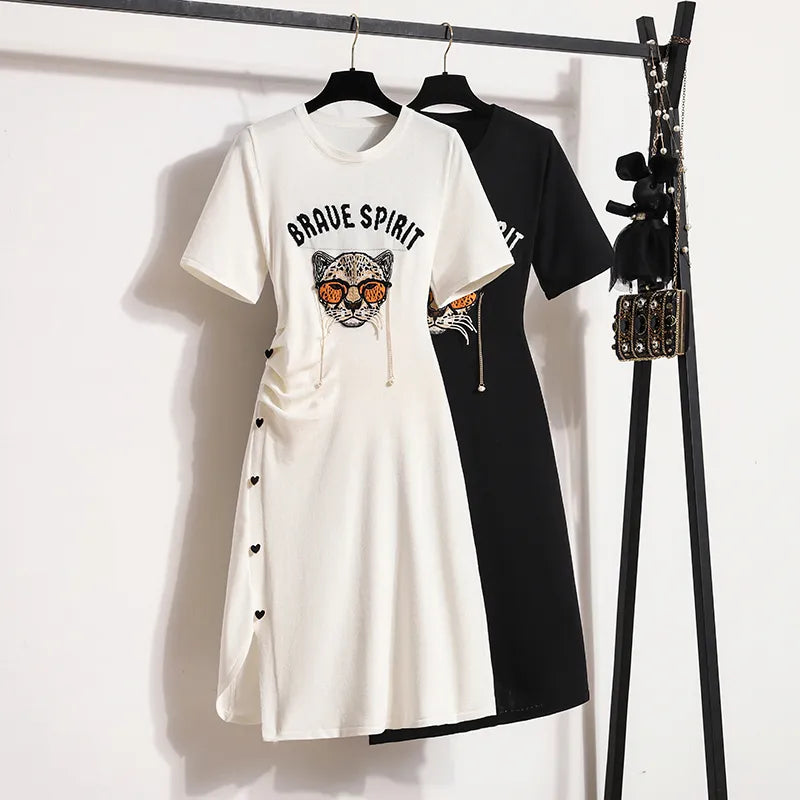 Autumn New Irregular Short Sleeves Women's Printed Street Fashion Inside Knitted Dresses Tunics