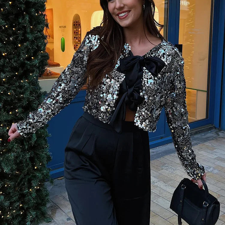 Spring Women's Fashion Black Blouses Long Sleeve With Sequins Bow Cardigans Female Chic Cropped Tops Streetwear
