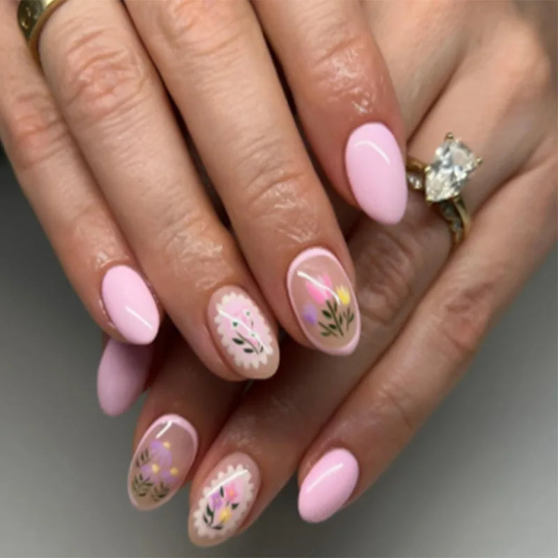 24Pcs Green French Press on Fake Nails with Almond Head Design 3D Flower Full Cover Nail Art Tips Short Round Head False Nails