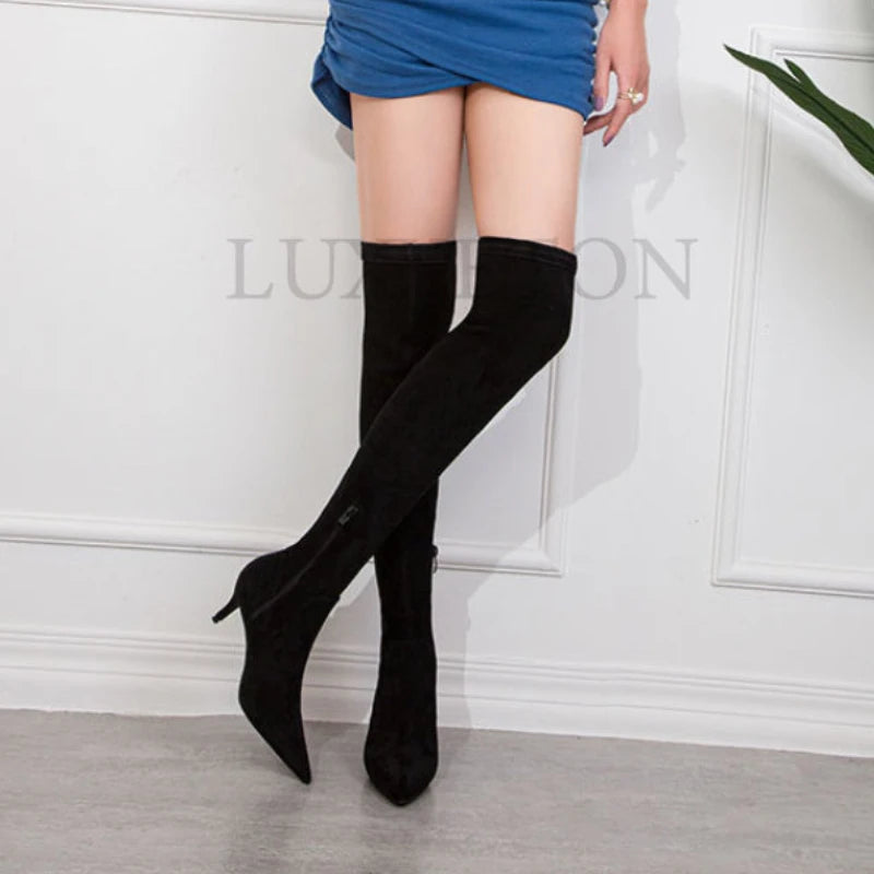 Women Winter Boots Slim High Heel Suede Stretched Over Knee Long Boots Sexy Pointed Down Thigh Long Botas Fashion