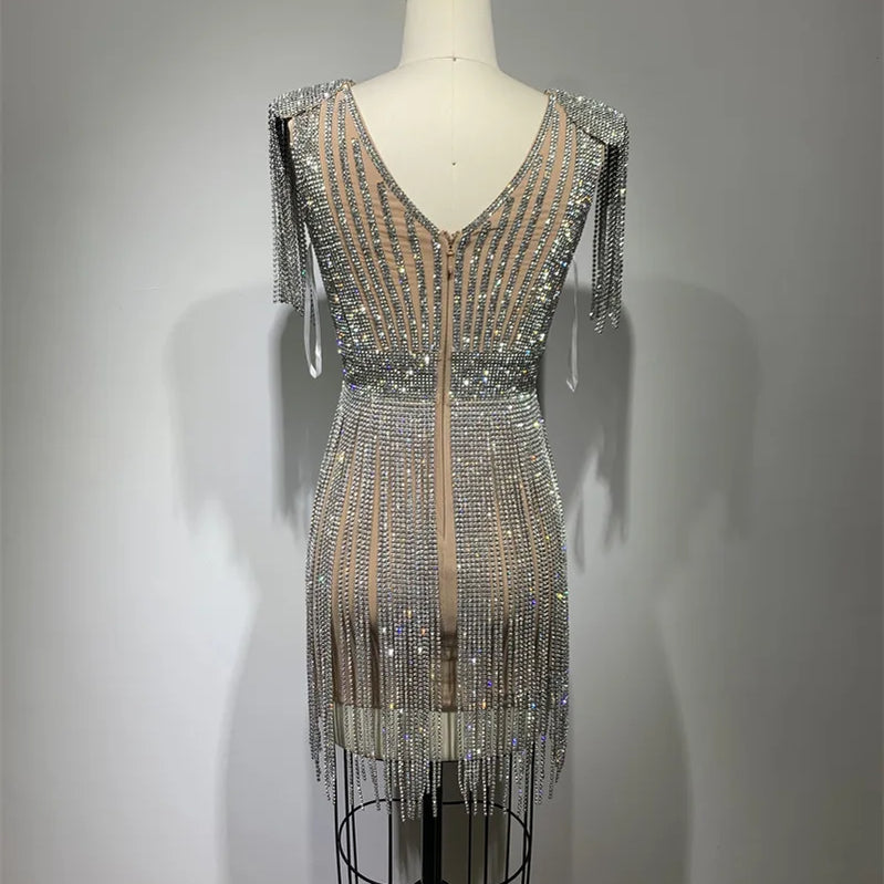 STOCK High Quality Super Shining Diamond Tassel Sexy V-Neck Mini Dress Fashion Woman Birthday Party Outfit Performance Costume