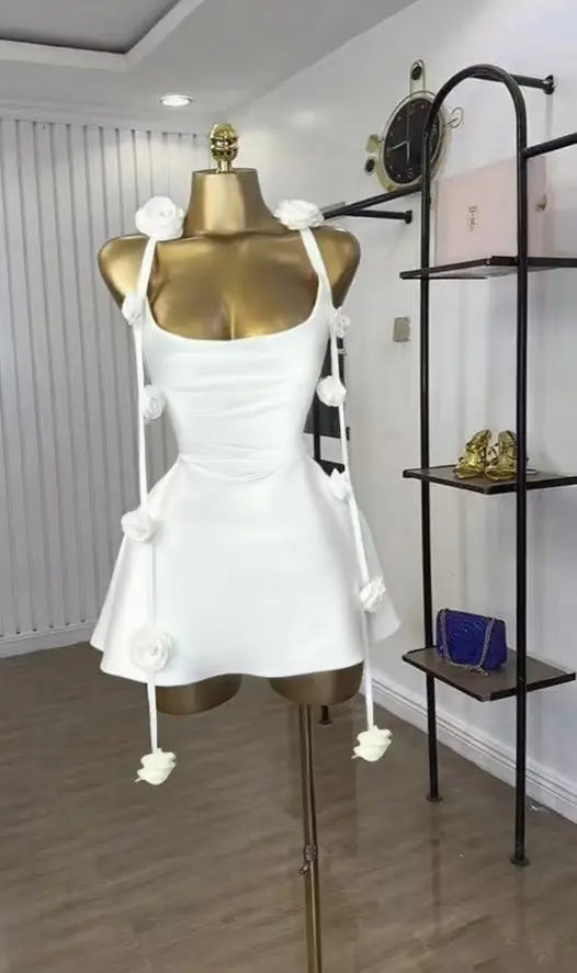 CM.YAYA Women Floral Applique Sleeveless Strap Midi A-line Dress 2025 Summer Holiday Birthday Sexy Club Party Evening Dresses WHITE