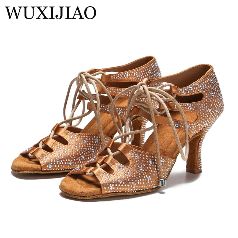 di seta donna scarpe da ballo latino fondo morbido sandali da donna Tango Party Dance Shoes scarpe da sposa con strass