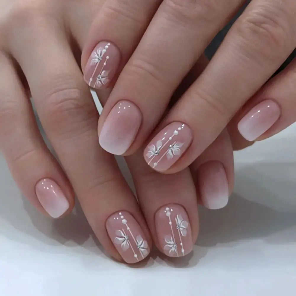 24 peças unhas postiças curtas redondas azul-francês brilhante pérola branco ondulado amor coração cobertura total destacável pontas de pressão