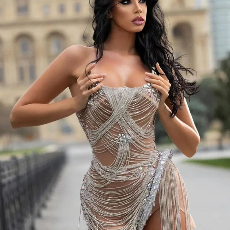 Vestido curto bege com alças e cristais, sem alças, 2025, feminino, sexy, festa de aniversário, bar, boate, palco, roupa para performance