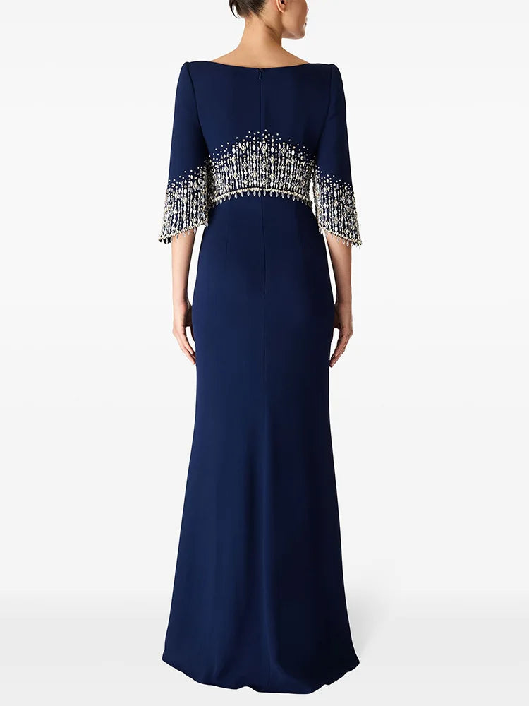 TWOTWINSTYLE Slimming Elegant Midi Dresses for Women Round Neck Half Sleeves Patchwork Bead Luxurious Dress Female Clothing New