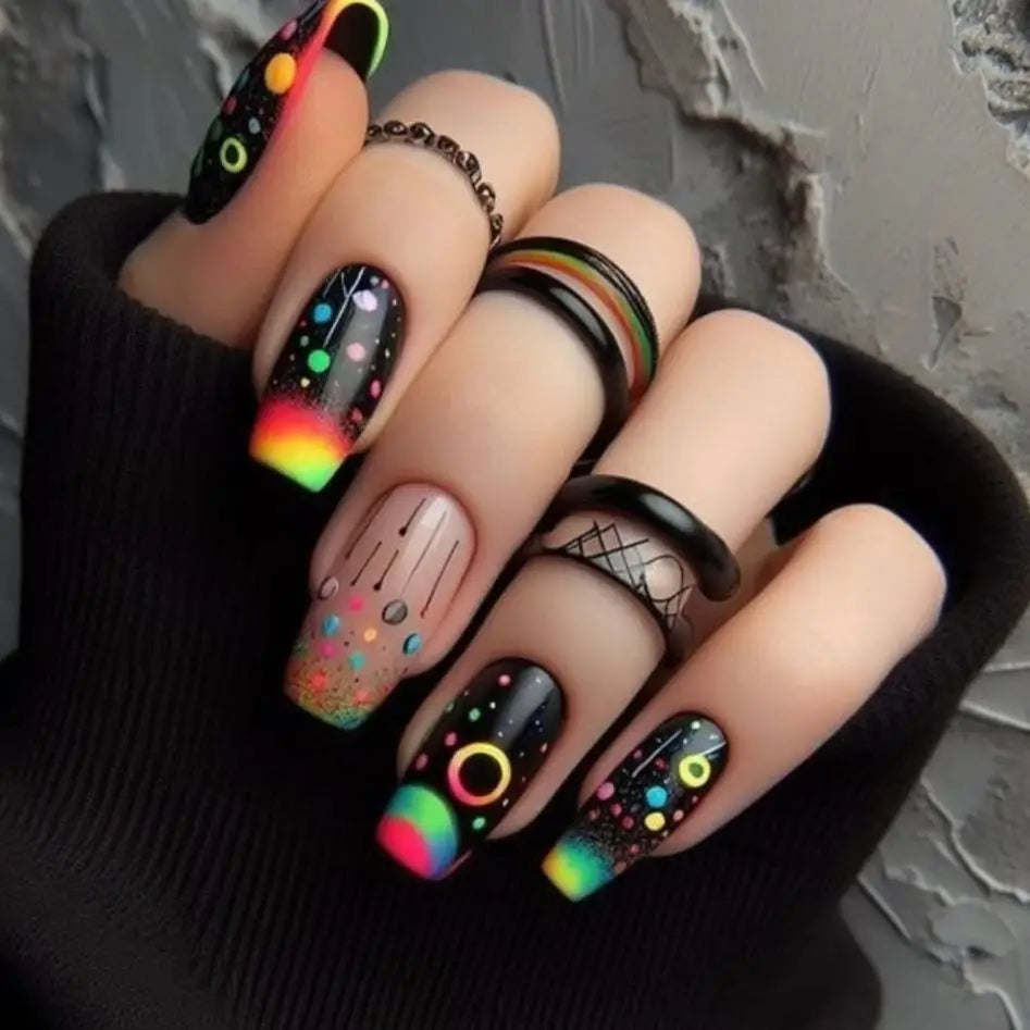 24pcs/set Medium long fake nail tips for women colorful gradient glitter starry design for Spring Summer press on false nail art